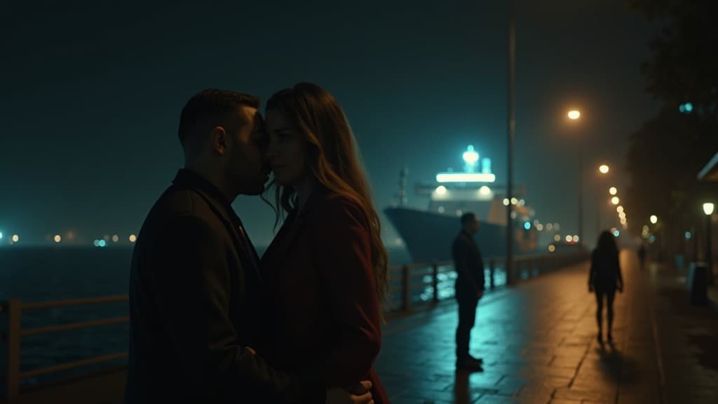 Storyboard Cinemático de ejemplo generado para una escena de muelle de noche